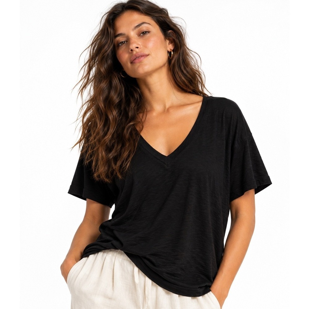 Richer Poorer Womens Linen Jersey V Neck Tee Black XL NWT